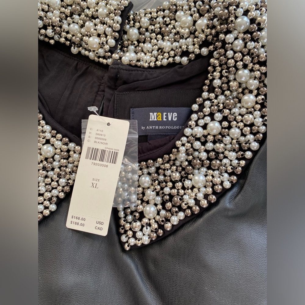 Anthropologie Maeve Faux Leather Puff-Sleeve Blouse XL new Embellished collar - Picture 2 of 8